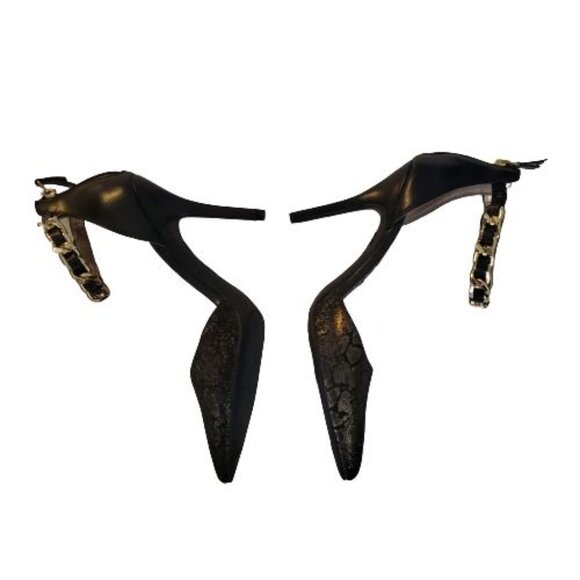Sam & Libby Black/Gold Snake Print Ankle Chain Stiletto Heels Pumps Women's Sz 8 - Picture 4 of 12